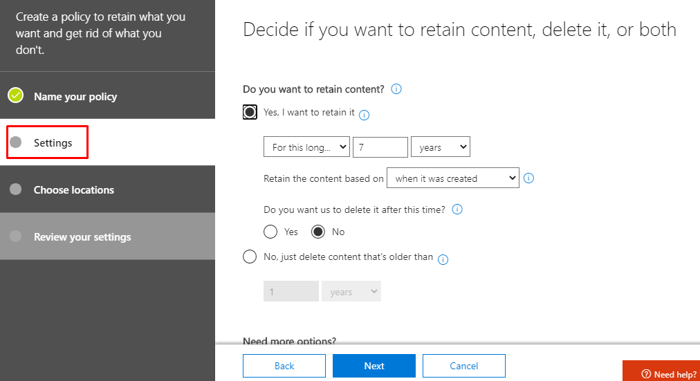 Creating Retention Policy