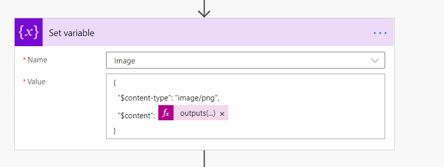 Set variable 
Image 
• Value 
-Scontent- type 
- : •image/png•. 
outputs(—) x 